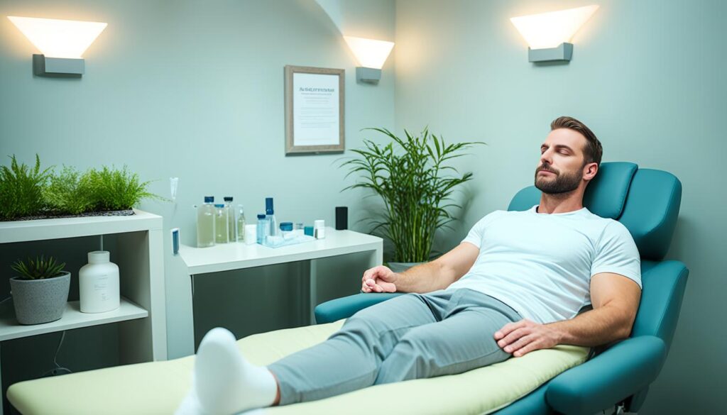 Ketamine therapy in a calming environment with soft lighting and comfortable furniture. The focus should be on the individual and their relaxation during the treatment. Surroundings should feature natural elements such as plants or stones to promote a peaceful atmosphere.